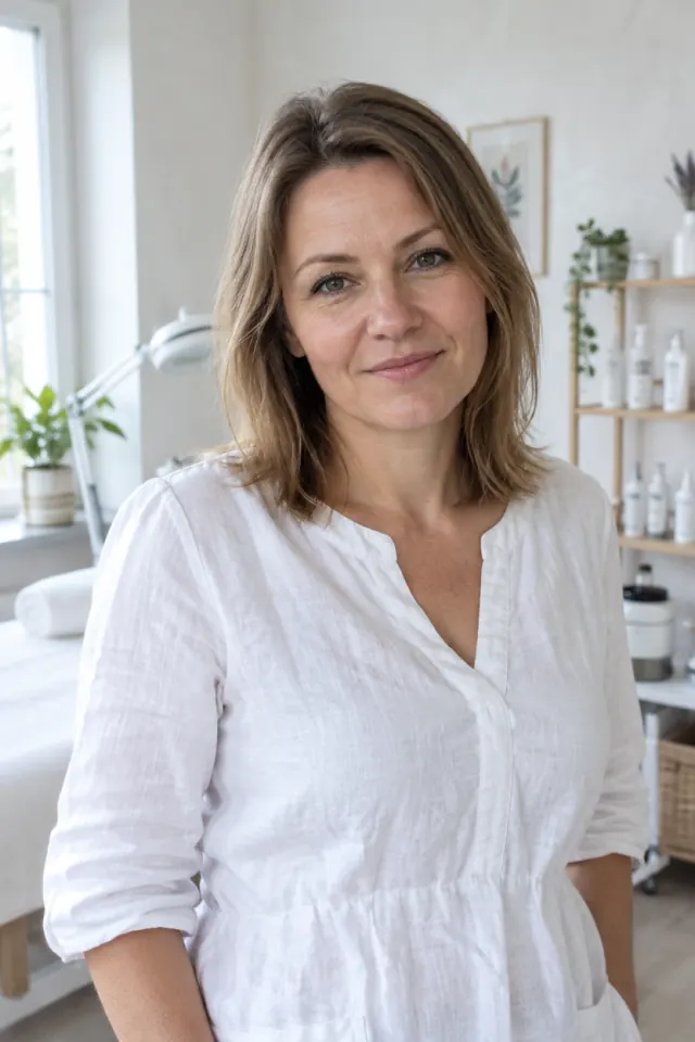 Marta Wrzosek, właścicielka salonu, w białej lnianej tunice w gabinecie